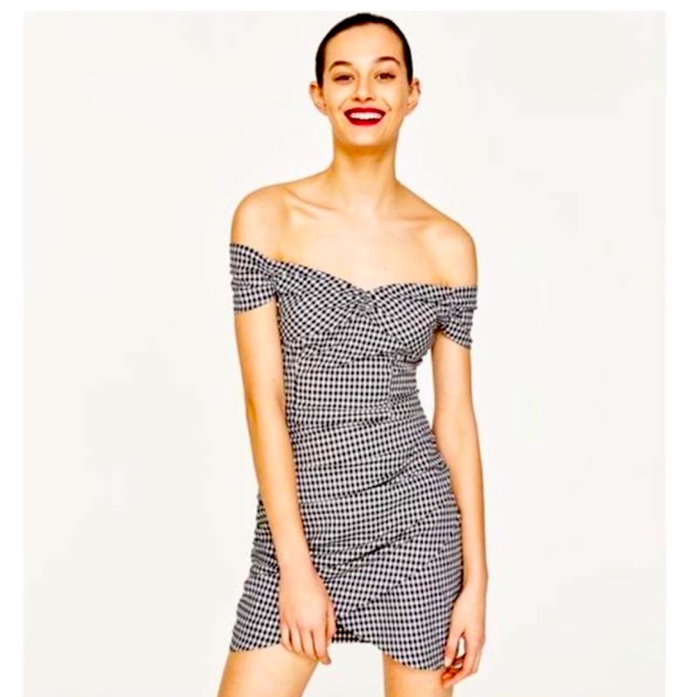 Zara Black White Gingham Off Shoulder Dress